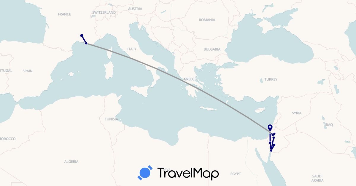 TravelMap itinerary: driving, plane in France, Israel, Jordan, Palestinian Territories (Asia, Europe)